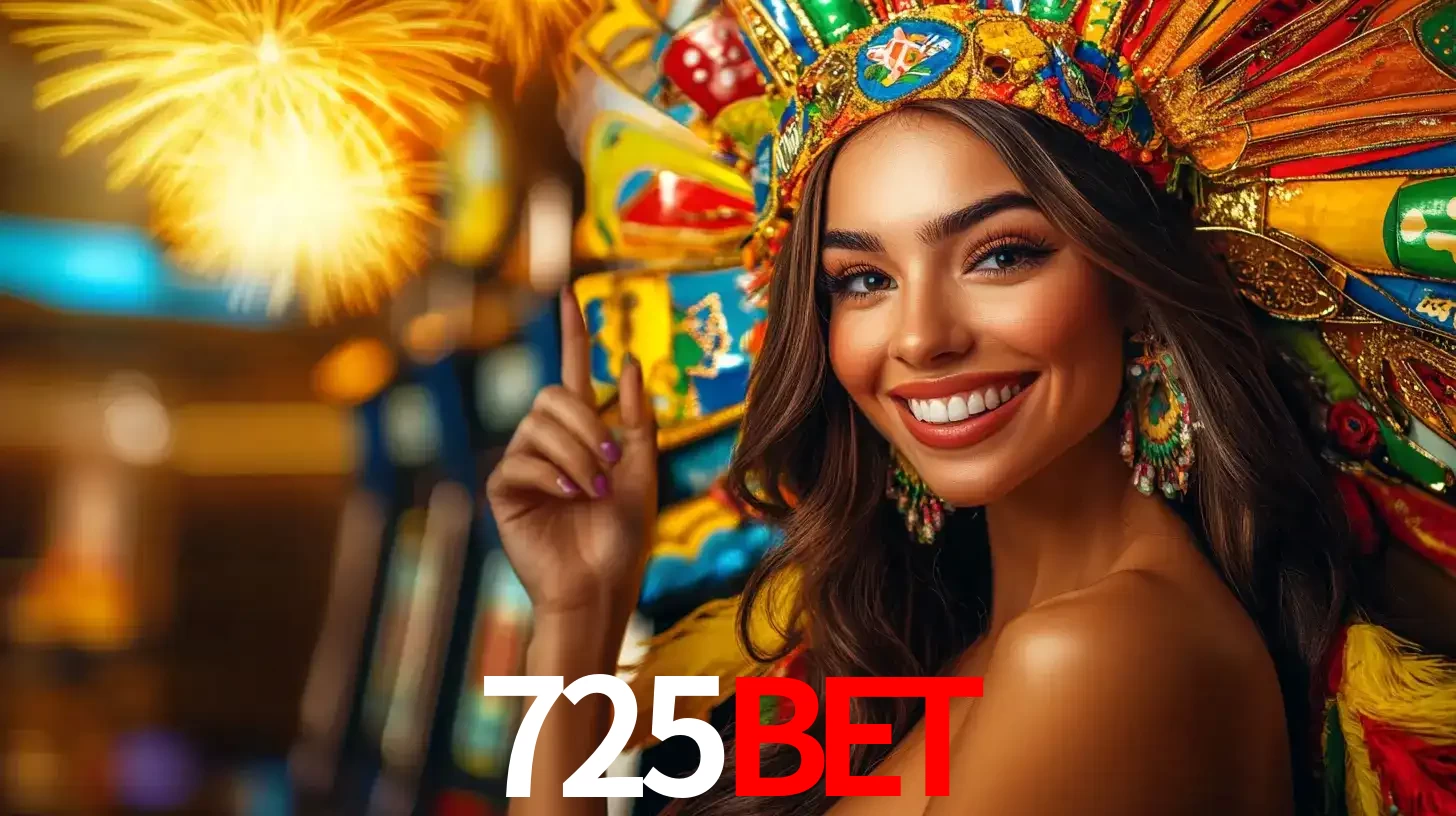 Mulher sorridente com um cocar de carnaval vibrante e colorido, celebrando uma grande vitória nos jogos do cassino 725BET com fogos de artifício ao fundo.