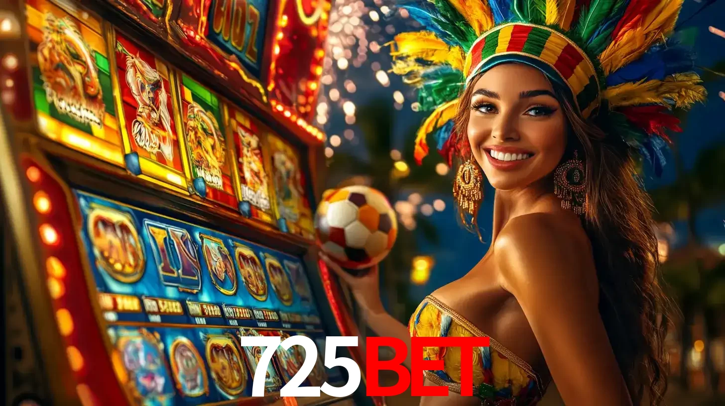 Mulher com um cocar de carnaval ao lado de uma máquina de caça-níqueis enquanto segura uma bola de futebol, mostrando a união da diversão de cassino e esportes no 725BET.