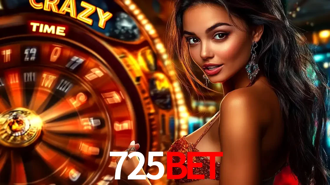 Mulher ao lado da roda de prêmios do jogo de cassino ao vivo Crazy Time, um dos shows de jogos mais emocionantes oferecidos pela plataforma de apostas 725BET.