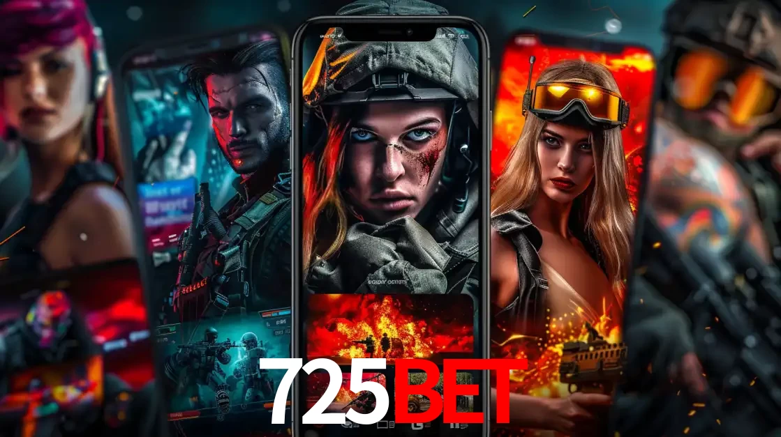 Montagem de telas de celular mostrando diversos personagens, masculinos e femininos, de um jogo de tiro, ilustrando a diversidade de equipes de e-sports para apostar no 725BET.