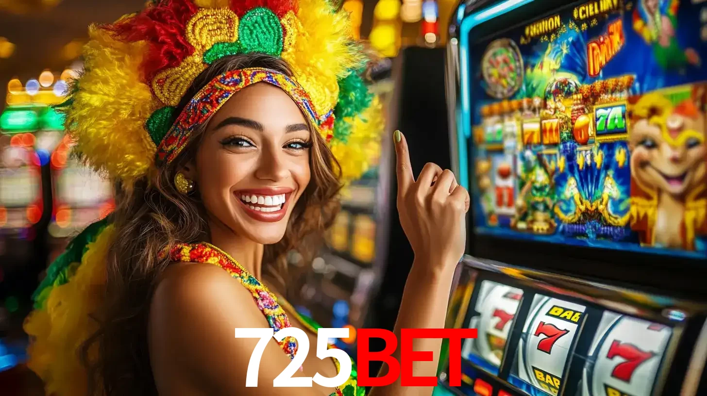 Mulher animada com um cocar de carnaval apontando para uma máquina de caça-níqueis, mostrando a emoção de ganhar um grande prêmio nos jogos do 725BET.