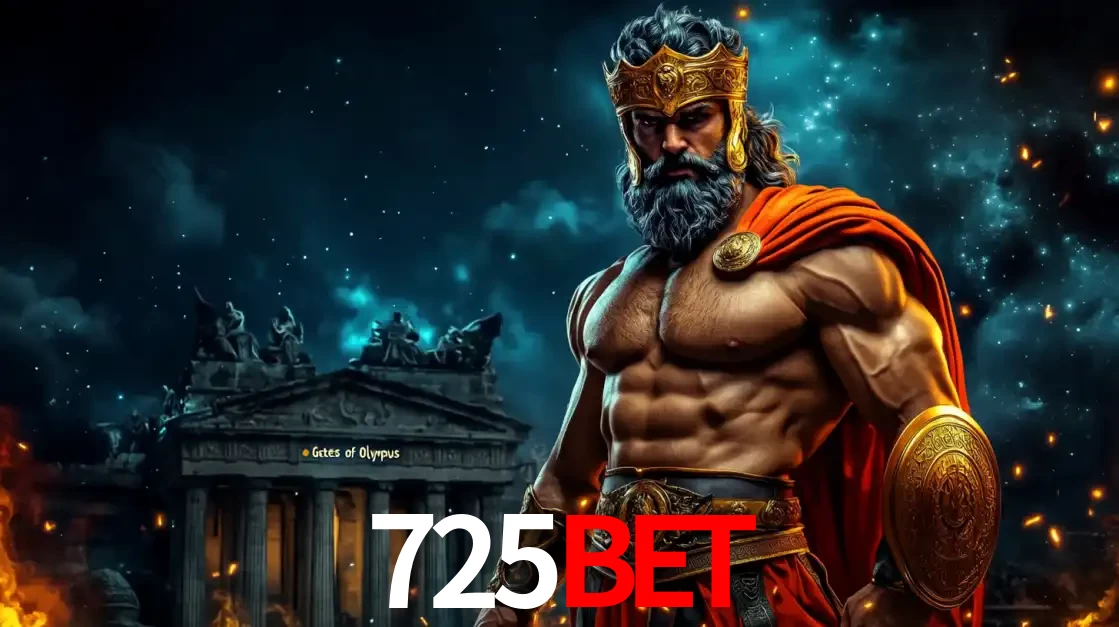 O poderoso Zeus do jogo de slot Gates of Olympus em frente ao seu templo, pronto para lançar multiplicadores divinos e prêmios épicos no cassino online 725BET.