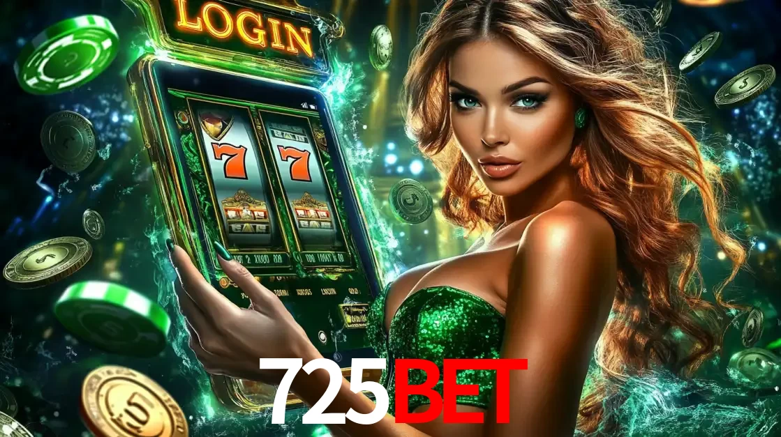 Mulher com tema verde apresentando o aplicativo do cassino 725BET com um jogo de slot de 777, cercada por fichas de cassino e uma aura de sorte.
