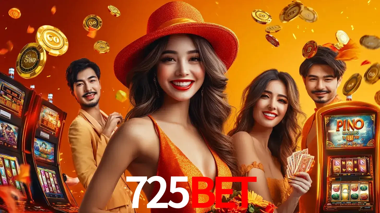 Grupo de amigos asiáticos sorrindo e se divertindo com máquinas de caça-níqueis em um ambiente festivo, celebrando suas vitórias nos jogos de cassino do 725BET.