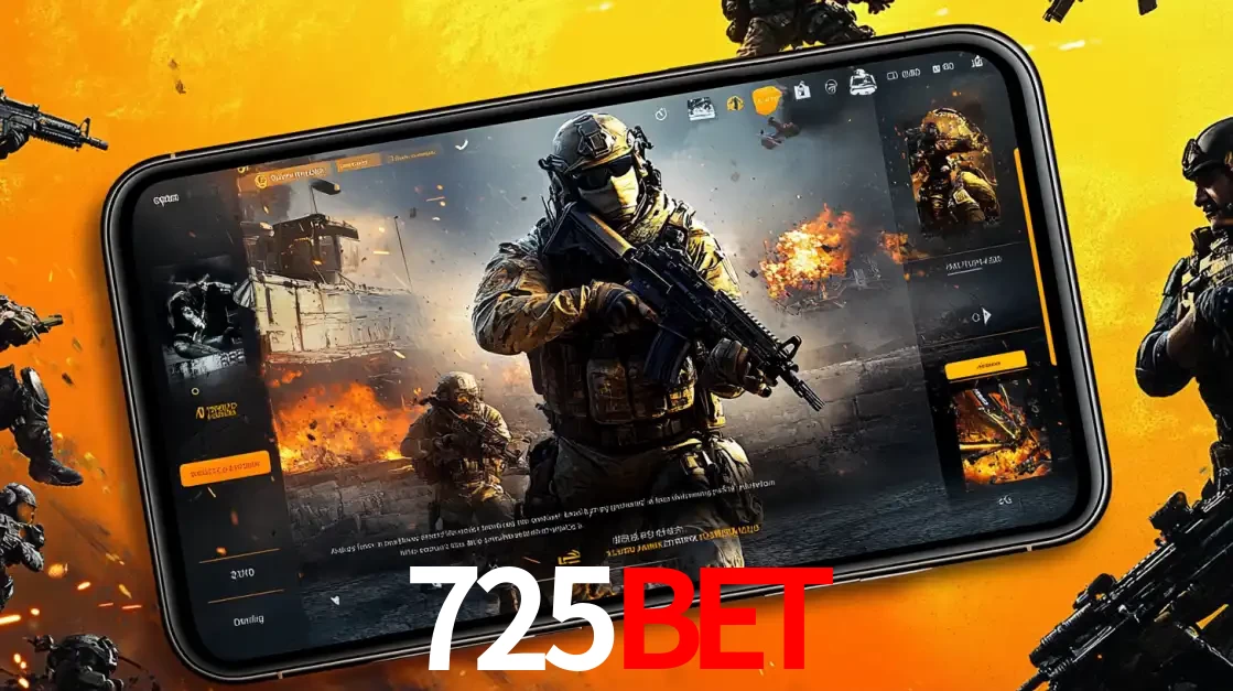 Um smartphone exibindo a interface de um jogo de tiro em primeira pessoa, com um soldado em um cenário de batalha, representando a ação dos e-sports para apostar no 725BET.