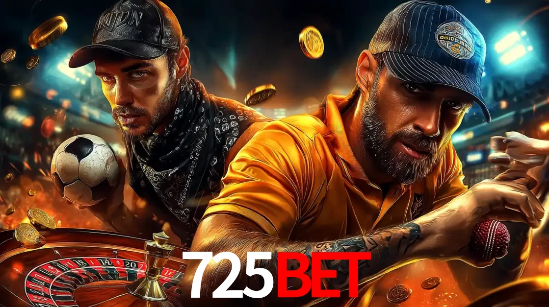 Montagem de apostas esportivas e cassino no 725BET, com um homem segurando uma bola de futebol e outro uma de beisebol sobre uma roleta e moedas voadoras.