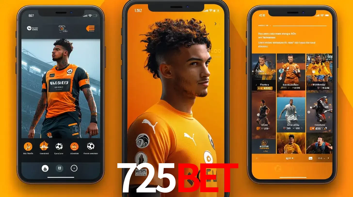 Interface do aplicativo de apostas esportivas 725BET em três telas de celular, mostrando o perfil de um jogador de futebol e a lista de jogos disponíveis para apostar.