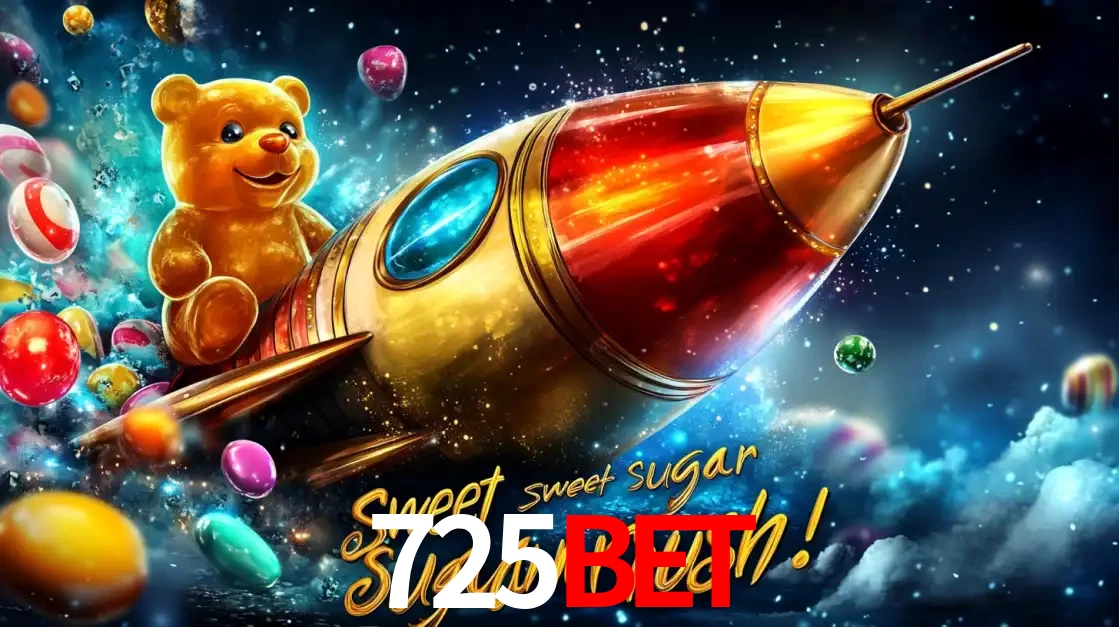 Arte promocional do jogo de slot Sugar Rush, com um urso de pelúcia em um foguete viajando pelo espaço de doces, um dos jogos divertidos disponíveis no cassino 725BET.