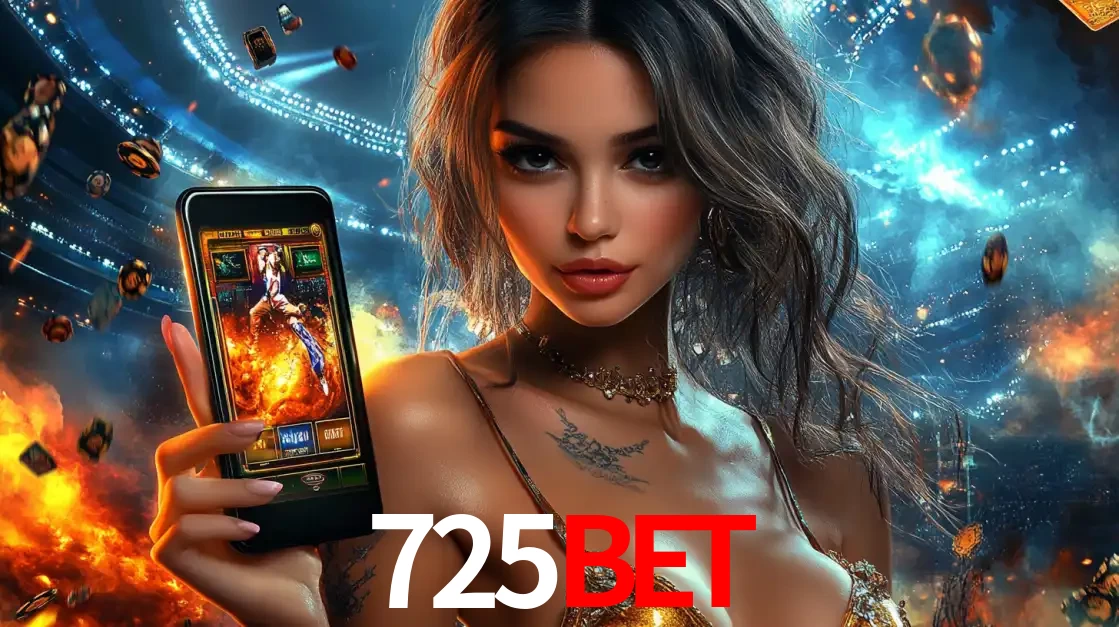 Mulher segurando um celular com um jogo de slot em destaque, tendo como fundo um estádio vibrante, simbolizando a emoção de jogar no cassino móvel 725BET.