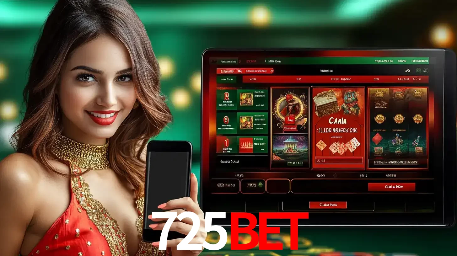 Mulher sorridente segurando um smartphone, ao lado de uma tela exibindo o lobby de jogos do cassino online 725BET, com várias opções de jogos de cartas e slots.
